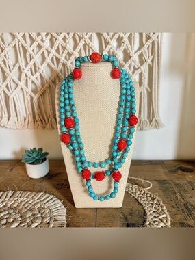 💙♥️Boho Faux Turquoise & Carnelian Beaded Necklace, Bracelet,& Earrings/NIB💙♥️